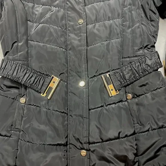 Bebe Long Black Puffer Coat Belted Gold Accents Womens L Double Zipper Hooded - Picture 11 of 16